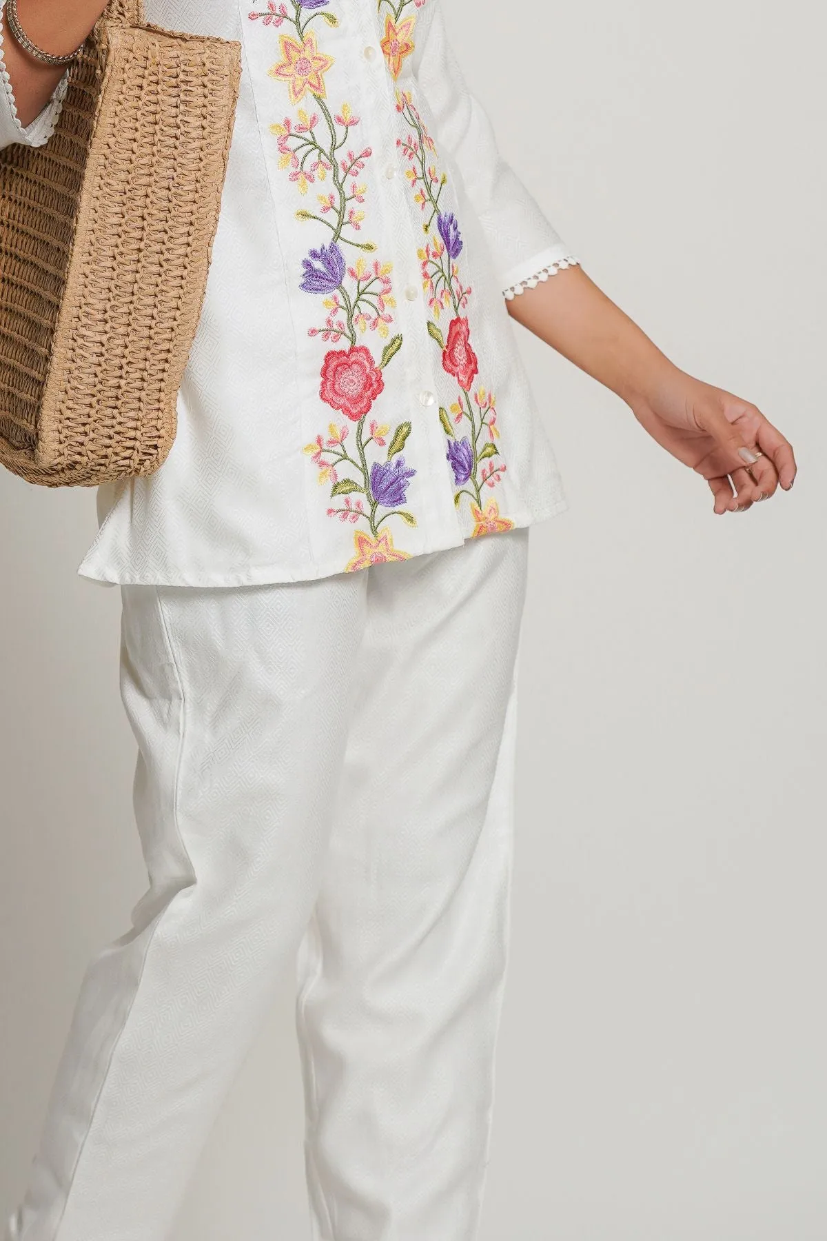 Elegant White Embroidered Cotton Co-ord Set