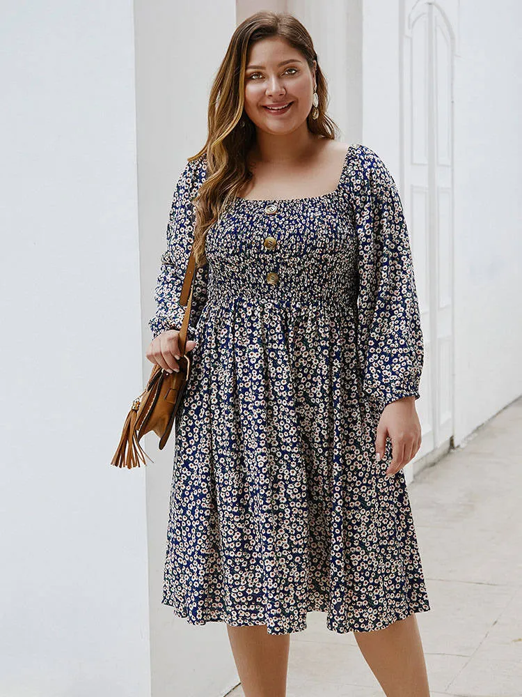 Fashion Women's Autumn and Winter Floral Square Collar Dress