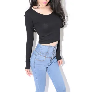 Fashion Womens Cut-Out Cropped Tops Long Sleeve T-shirt Clubwear Cropped Top