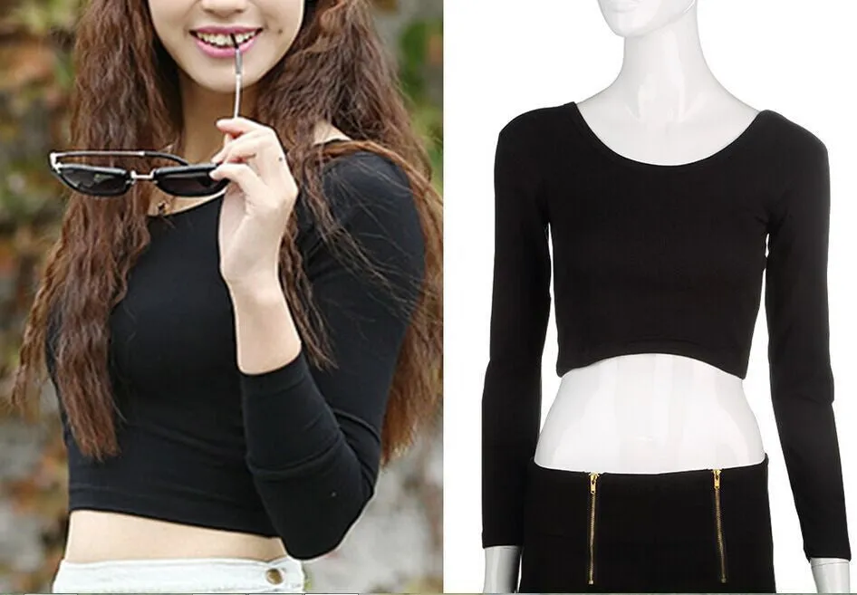 Fashion Womens Cut-Out Cropped Tops Long Sleeve T-shirt Clubwear Cropped Top