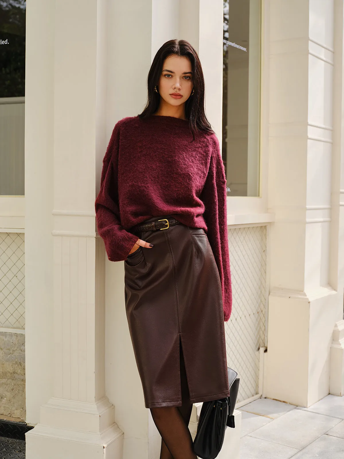 Faux Leather Pockets Skirt Without Belt