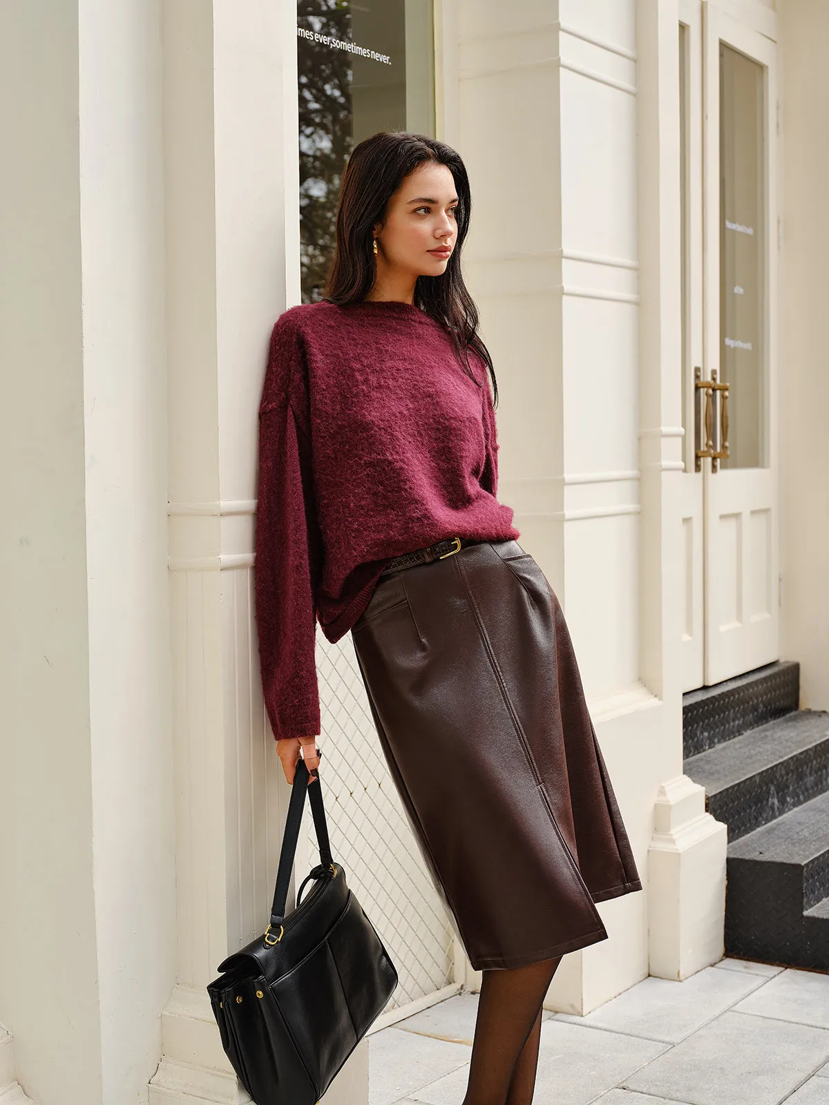Faux Leather Pockets Skirt Without Belt