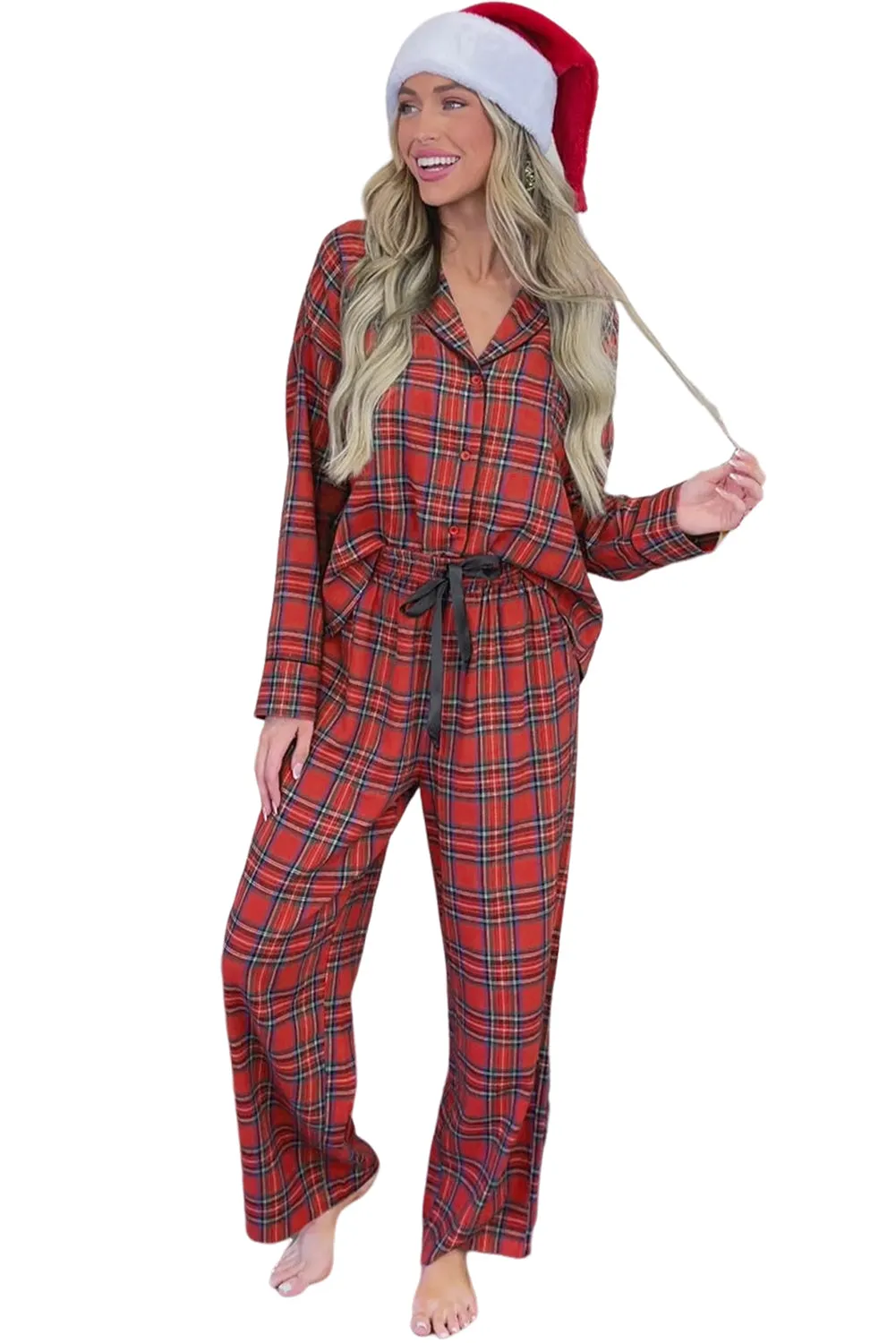 Fiery Red Tartan Plaid Print Long Sleeve Shirt and Pants Pajama Set