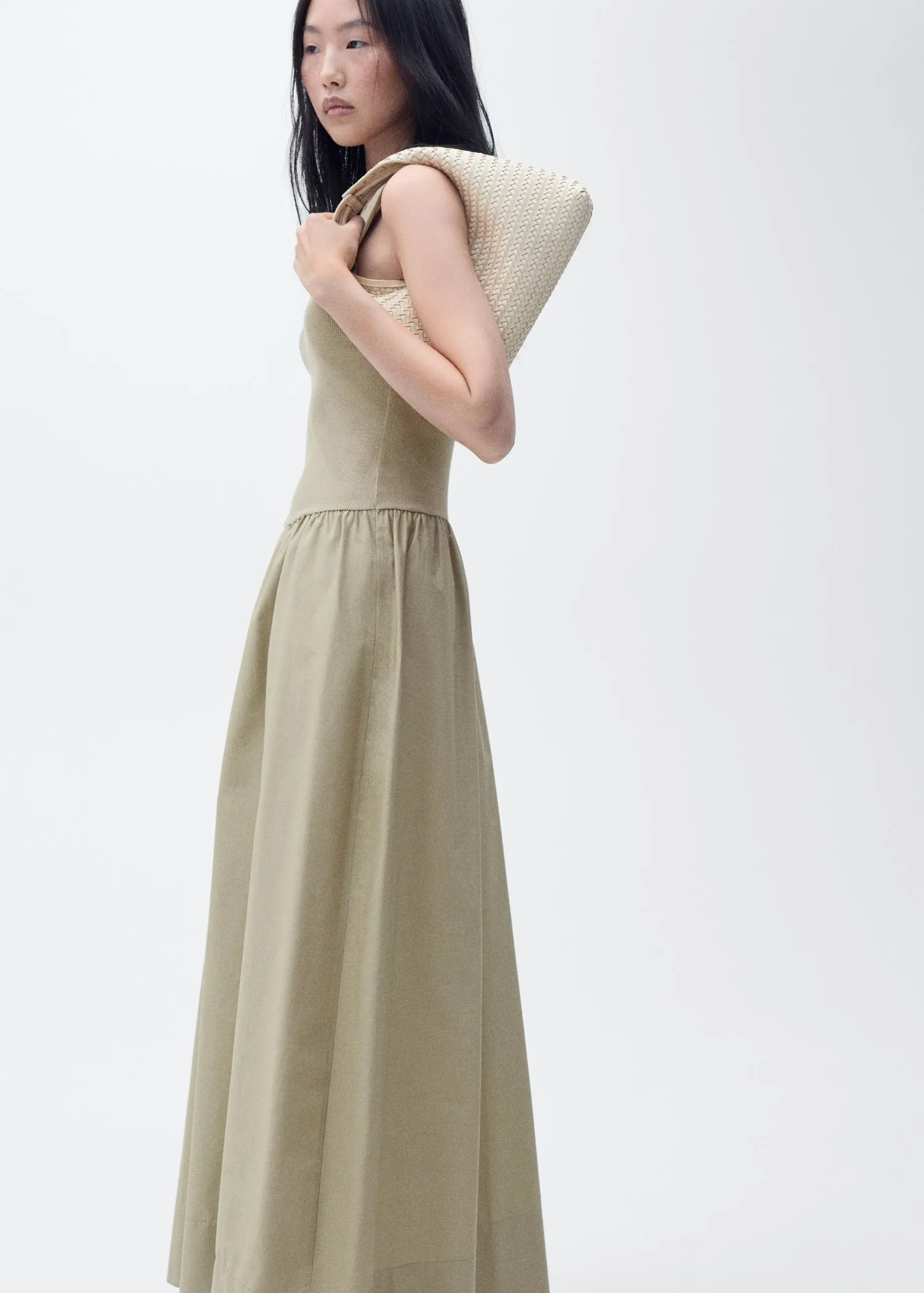 Flared dress in combined fabric