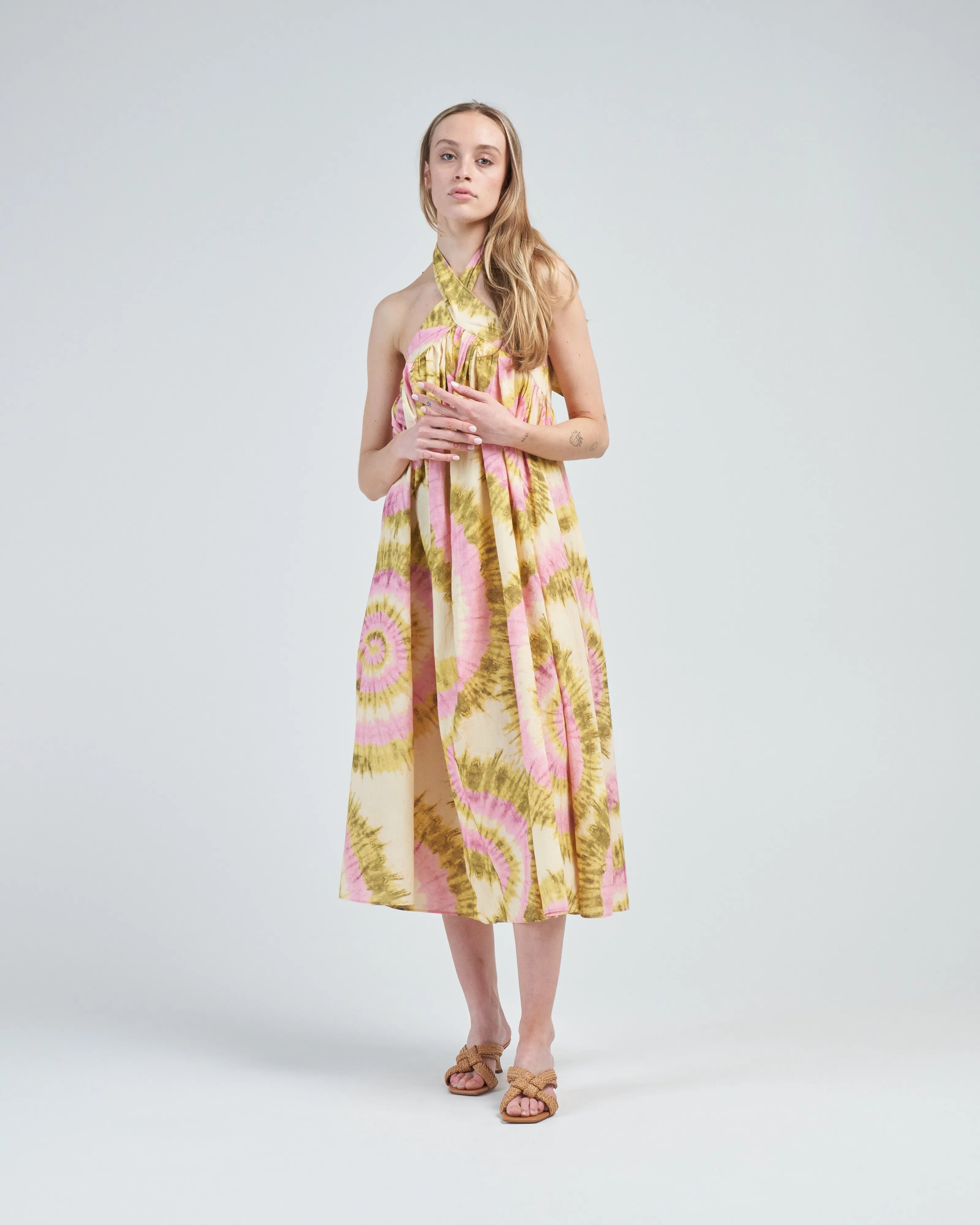 flash tie neck midi dress