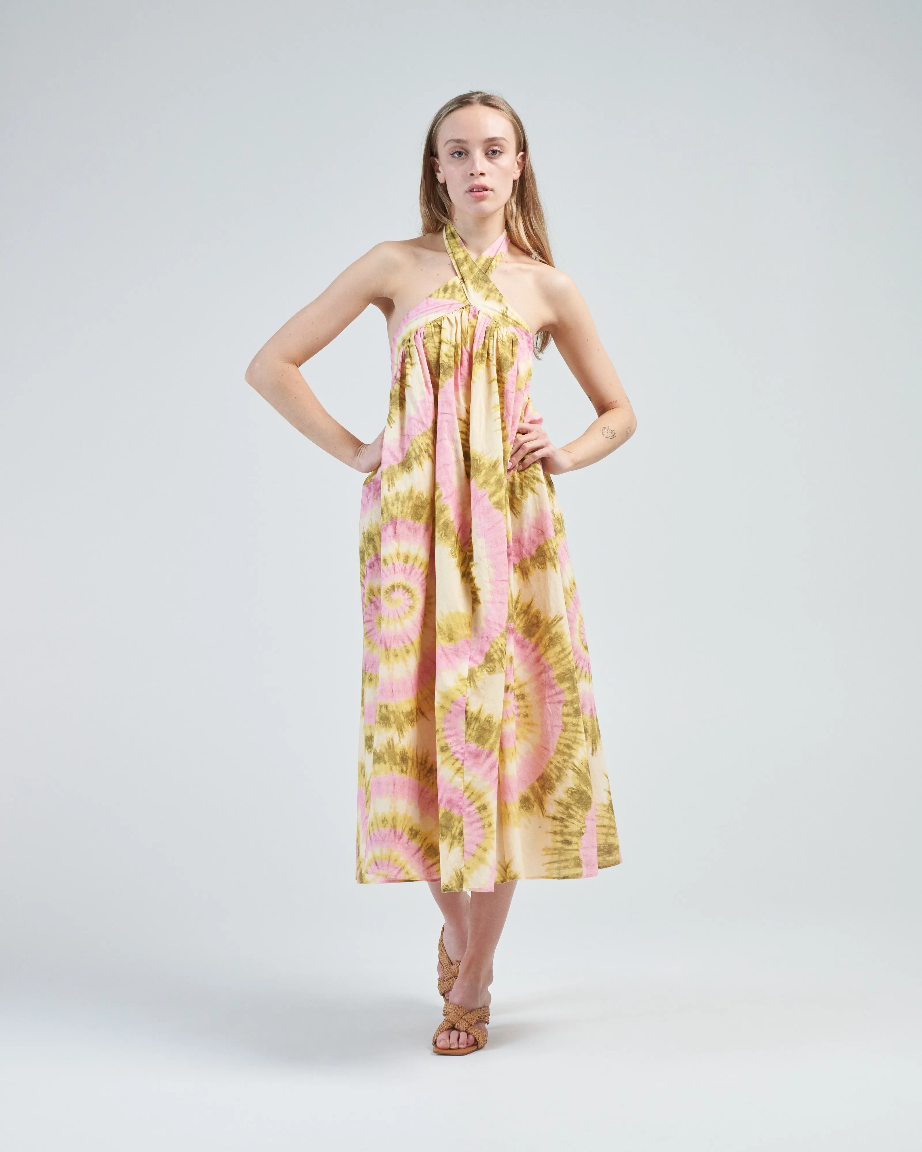 flash tie neck midi dress