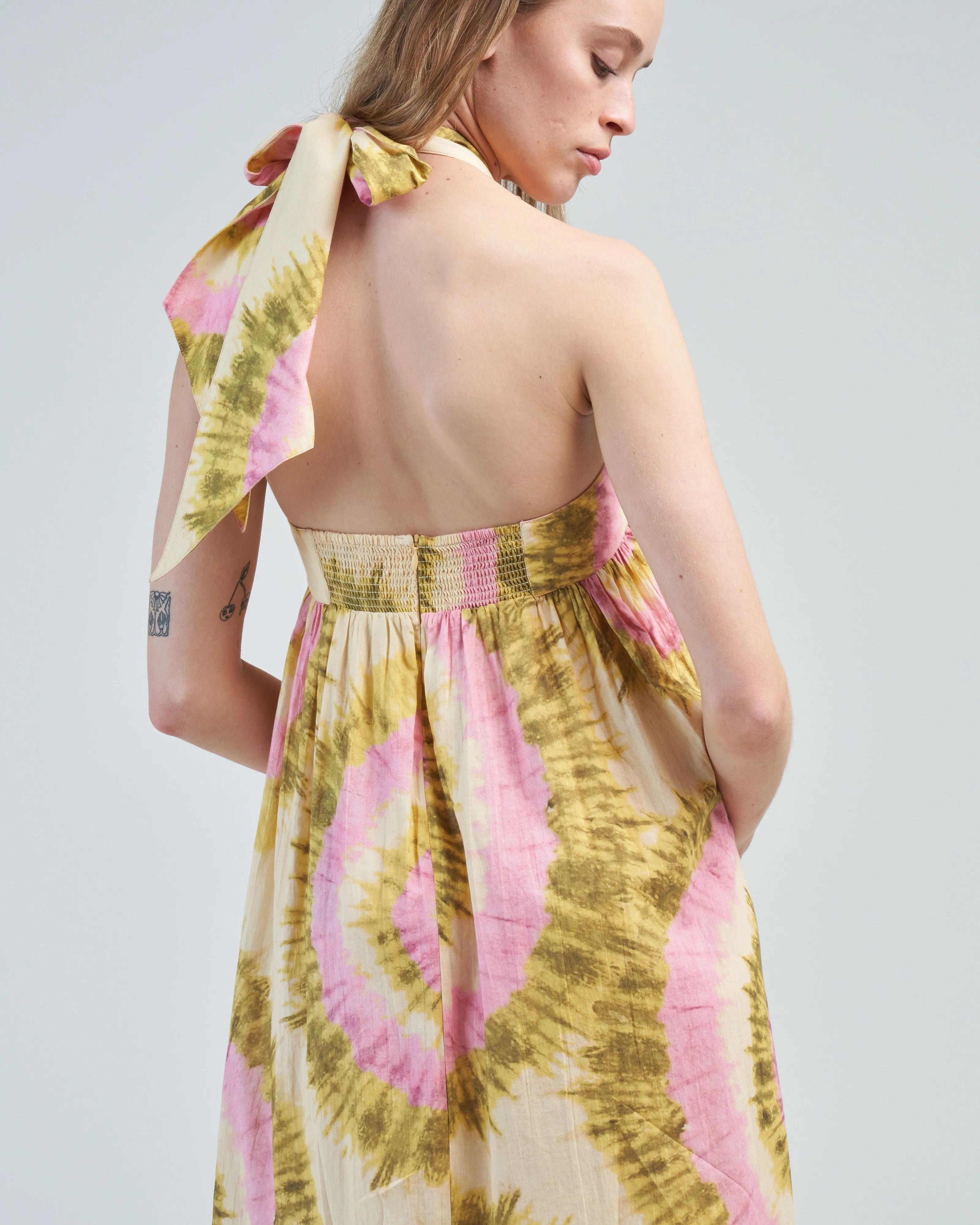 flash tie neck midi dress