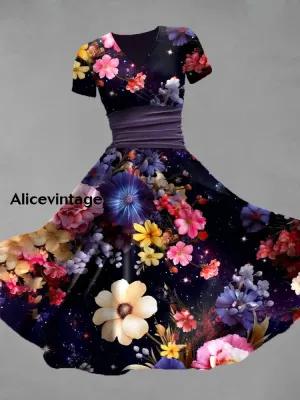 Floral Art Print V-Neck Short Sleeve Vintage Elegant Midi Dress