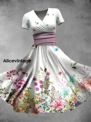 Floral Art Print V-Neck Short Sleeve Vintage Elegant Midi Dress