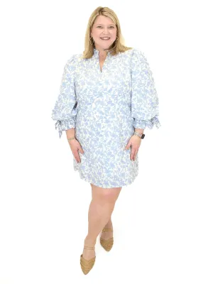 Floral Bow Sleeve Shift Dress - Blue
