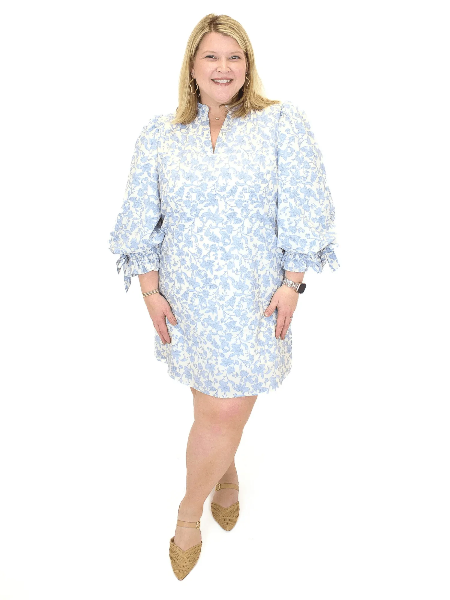 Floral Bow Sleeve Shift Dress - Blue