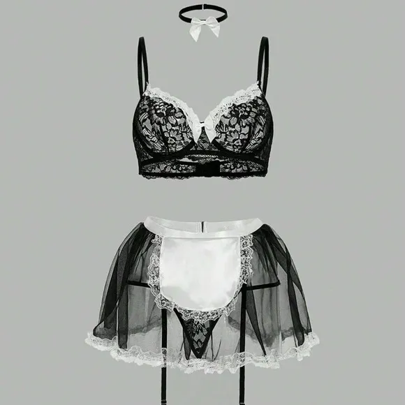 Floral Lace Maid Costume With Choker &amp; 1pair Leg Ring, Lingerie