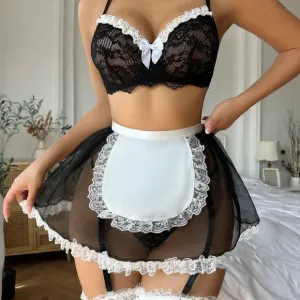 Floral Lace Maid Costume With Choker &amp; 1pair Leg Ring, Lingerie