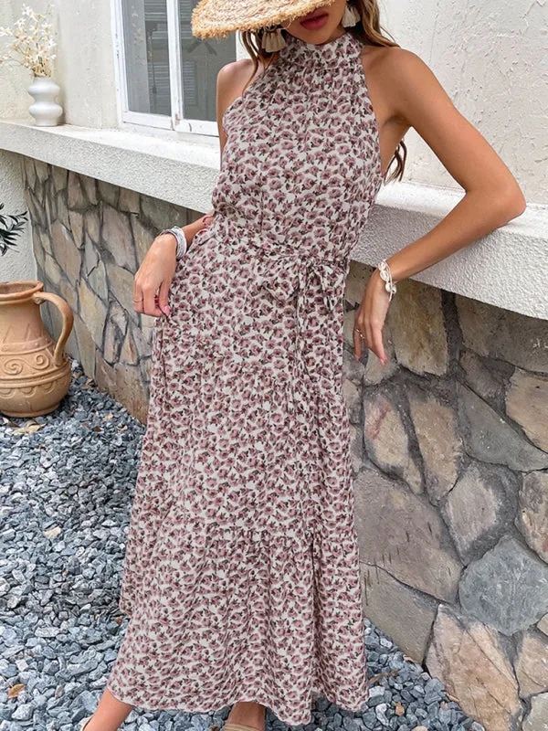 Floral Print Maxi Dress with Halter Neck and Tie Waist