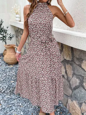 Floral Print Maxi Dress with Halter Neck and Tie Waist