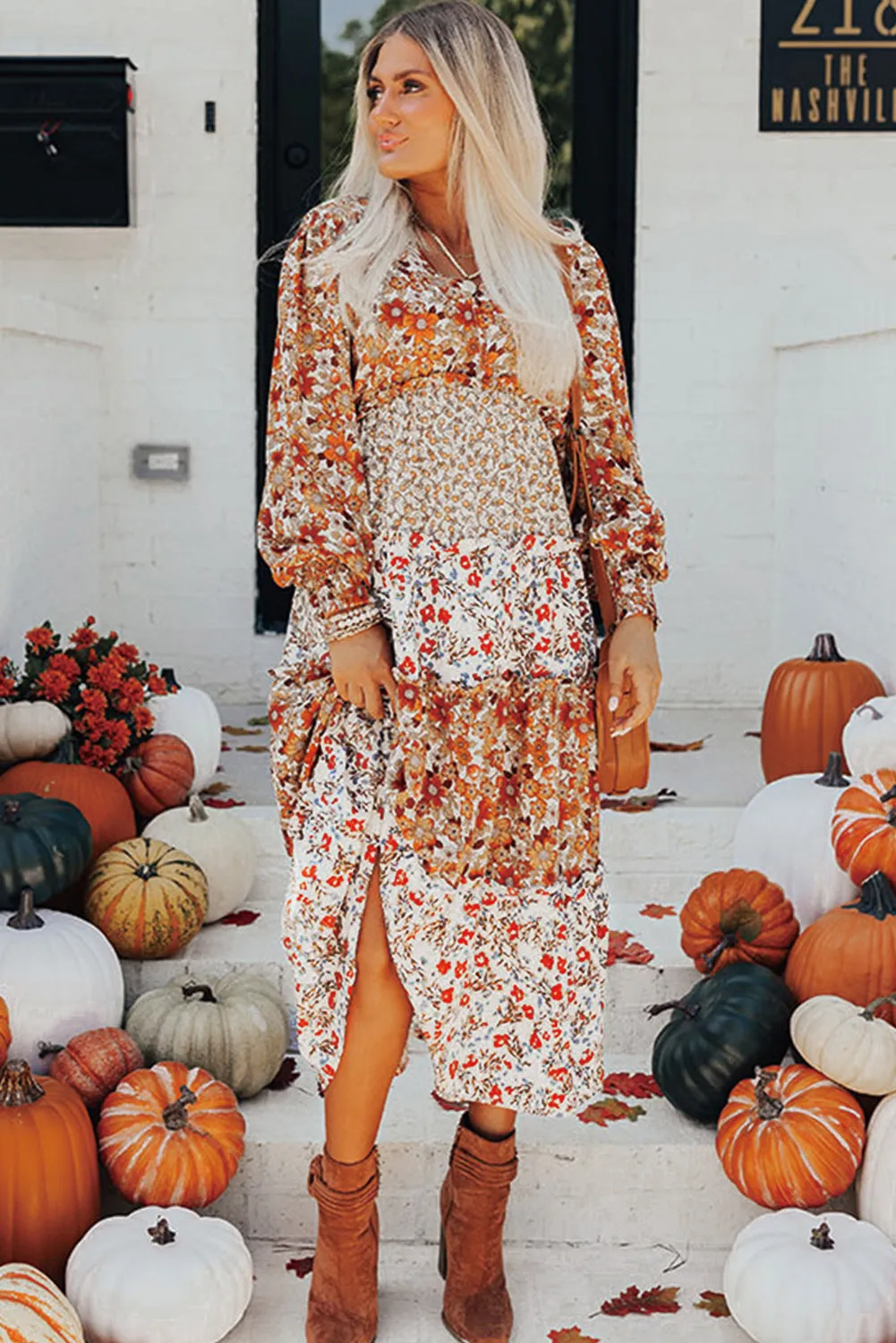 Floral Print Midi Dress with Ruffled Tiers and V Neck