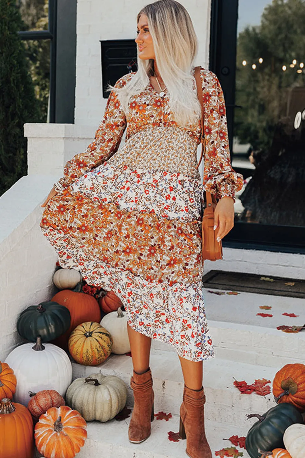 Floral Print Midi Dress with Ruffled Tiers and V Neck