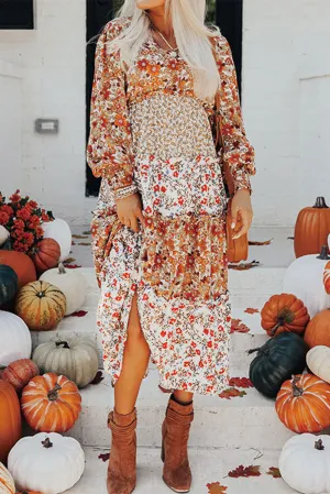 Floral Print Midi Dress with Ruffled Tiers and V Neck