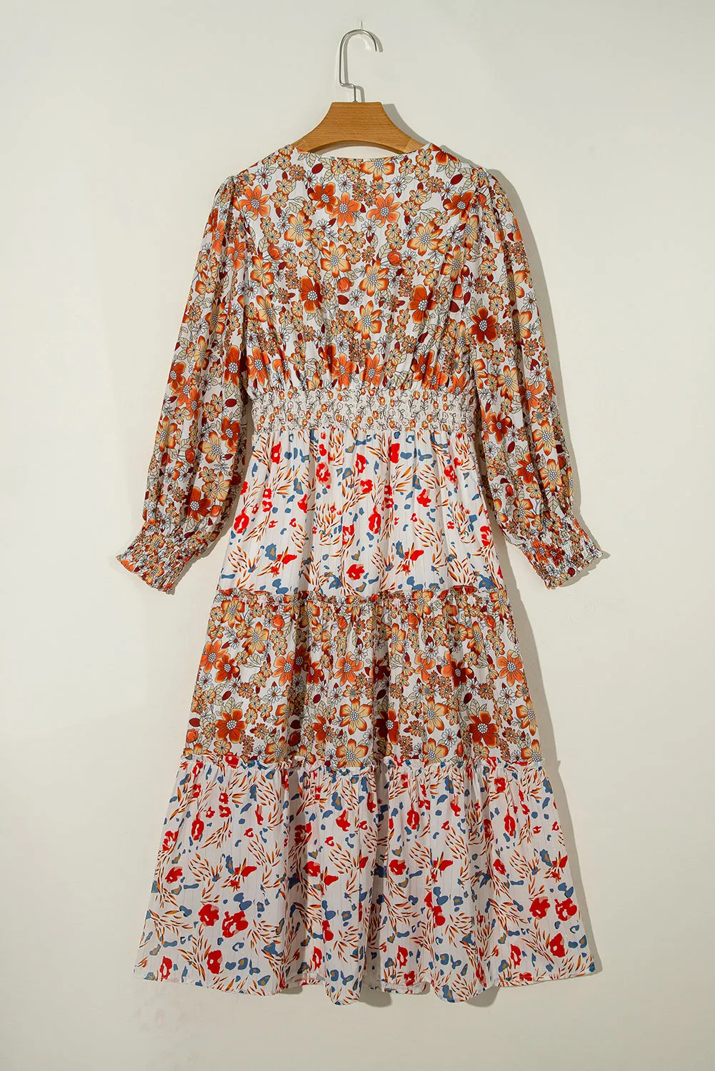 Floral Print Midi Dress with Ruffled Tiers and V Neck
