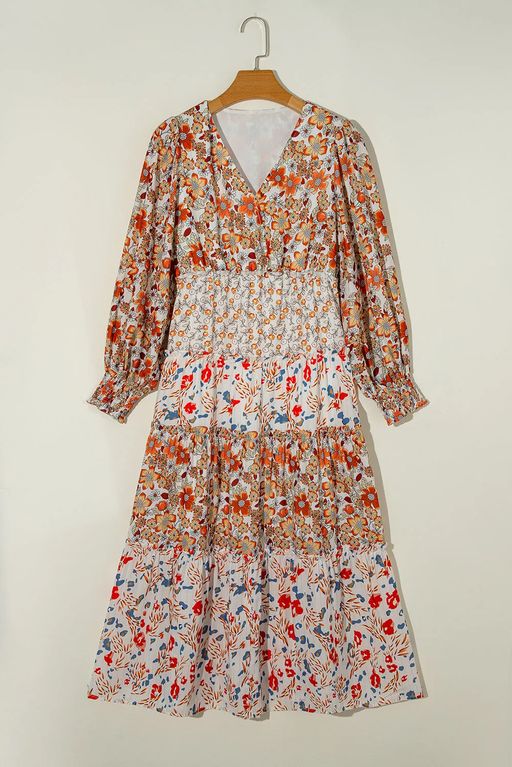 Floral Print Midi Dress with Ruffled Tiers and V Neck