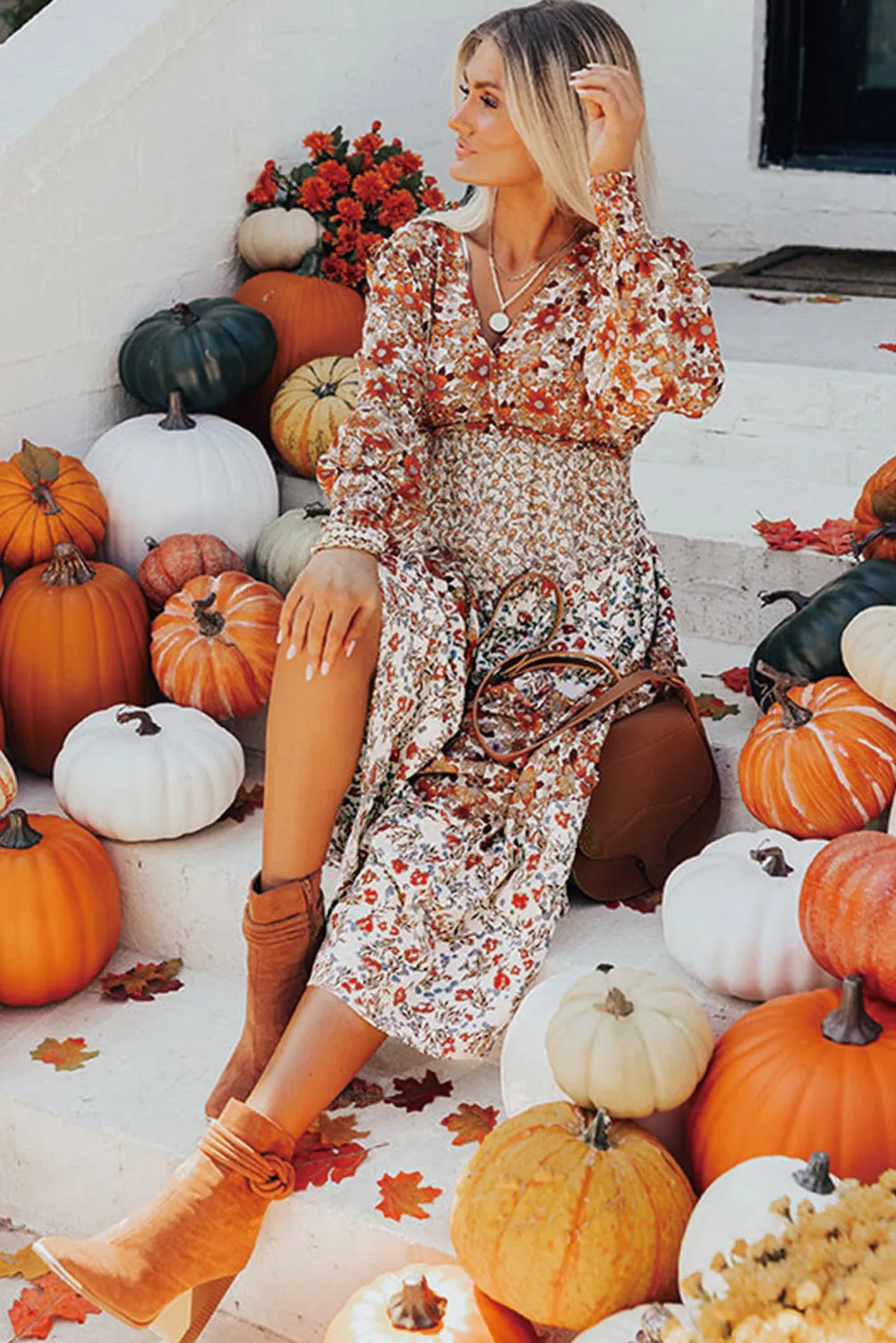 Floral Print Midi Dress with Ruffled Tiers and V Neck