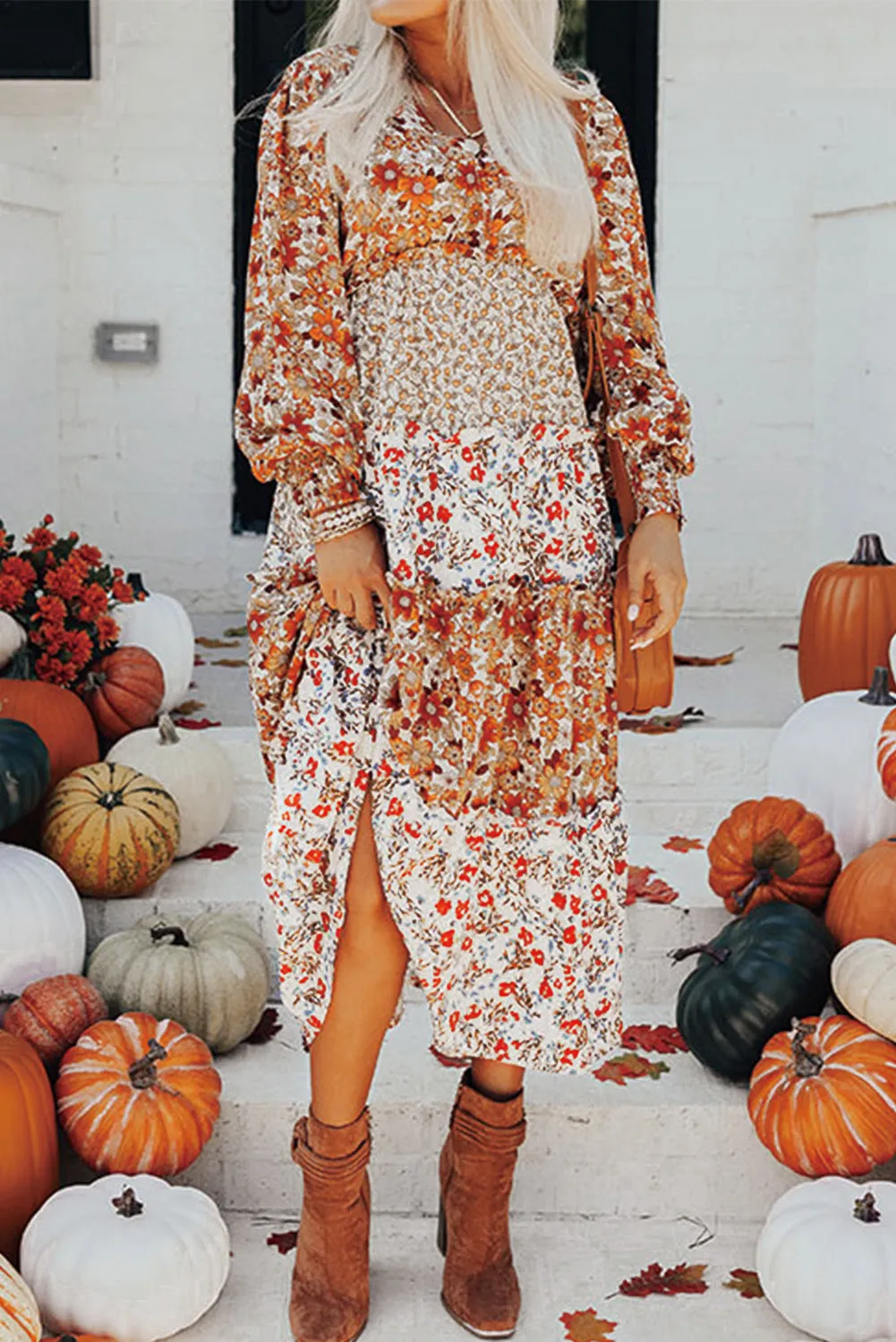 Floral Print Midi Dress with Ruffled Tiers and V Neck