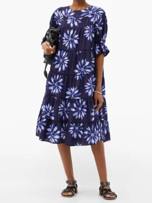 Floral Print Pleated O-neck Flare Sleeve Short Sleeve Casual Tiered Women Midi Dress