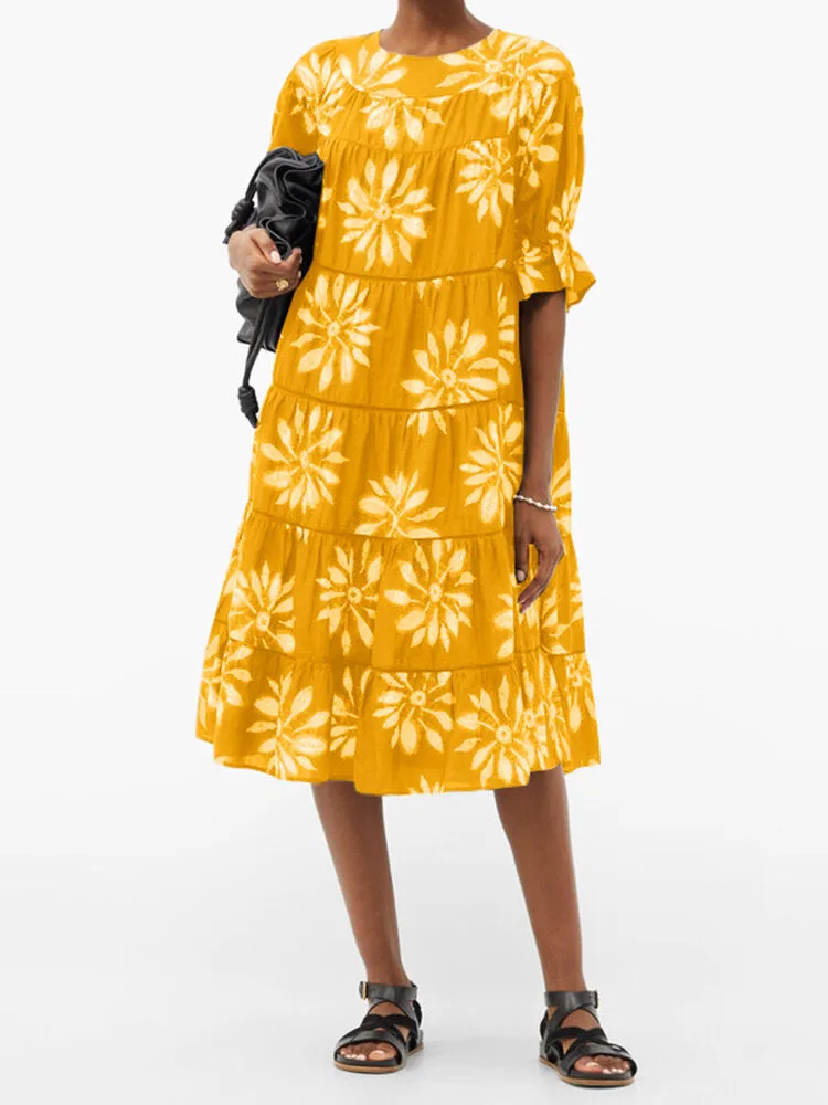 Floral Print Pleated O-neck Flare Sleeve Short Sleeve Casual Tiered Women Midi Dress