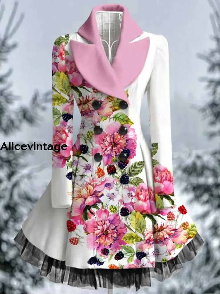 Floral Print Vintage Elegant Lapel V-Neck Button Up Long Sleeve Coat Dress