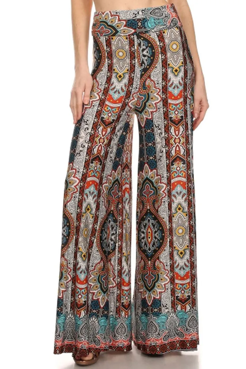 Foldover Palazzo Pants Earth Paisley Brown Red Green