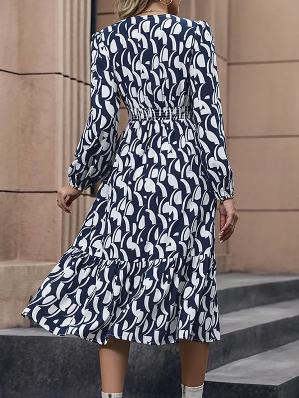 Geometric Print Midi Dress with V-Neck and Tiered Skirt