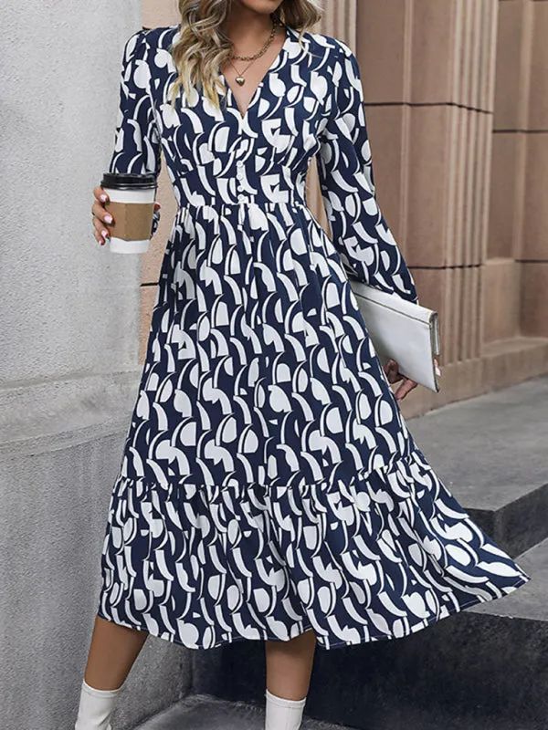 Geometric Print Midi Dress with V-Neck and Tiered Skirt
