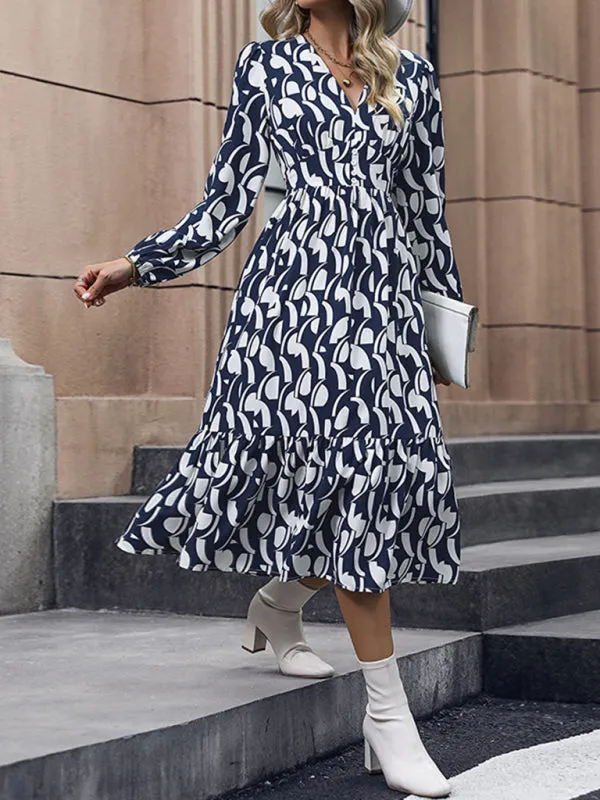 Geometric Print Midi Dress with V-Neck and Tiered Skirt