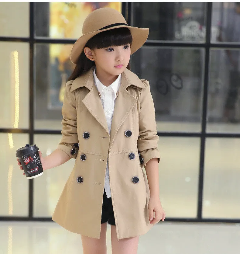 girls jacket children's clothing big kids spring & autumn child medium-long double breasted baby outerwear girl trench coat