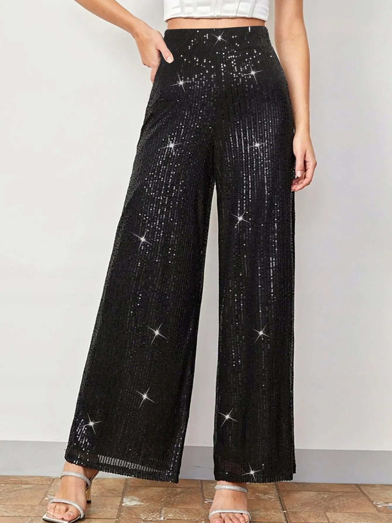 Glamorous High-Waisted Sequin Wide-Leg Pants for Effortless Party Elegance