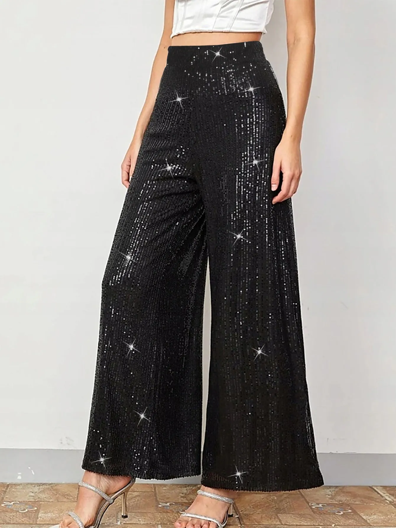 Glamorous High-Waisted Sequin Wide-Leg Pants for Effortless Party Elegance