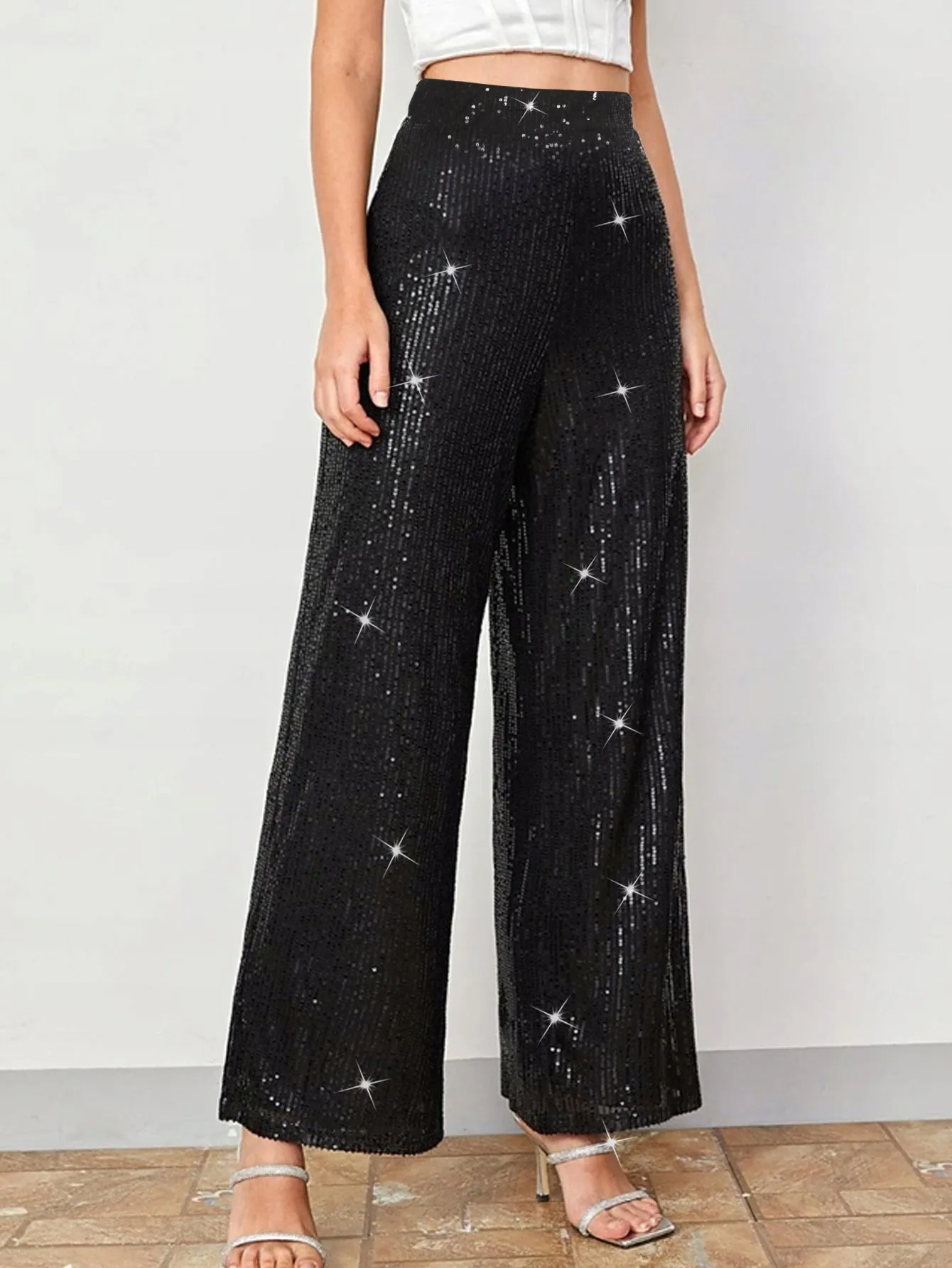 Glamorous High-Waisted Sequin Wide-Leg Pants for Effortless Party Elegance