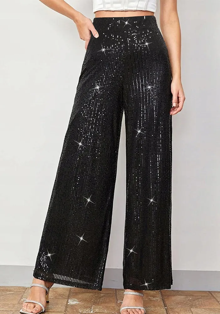 Glamorous High-Waisted Sequin Wide-Leg Pants for Effortless Party Elegance