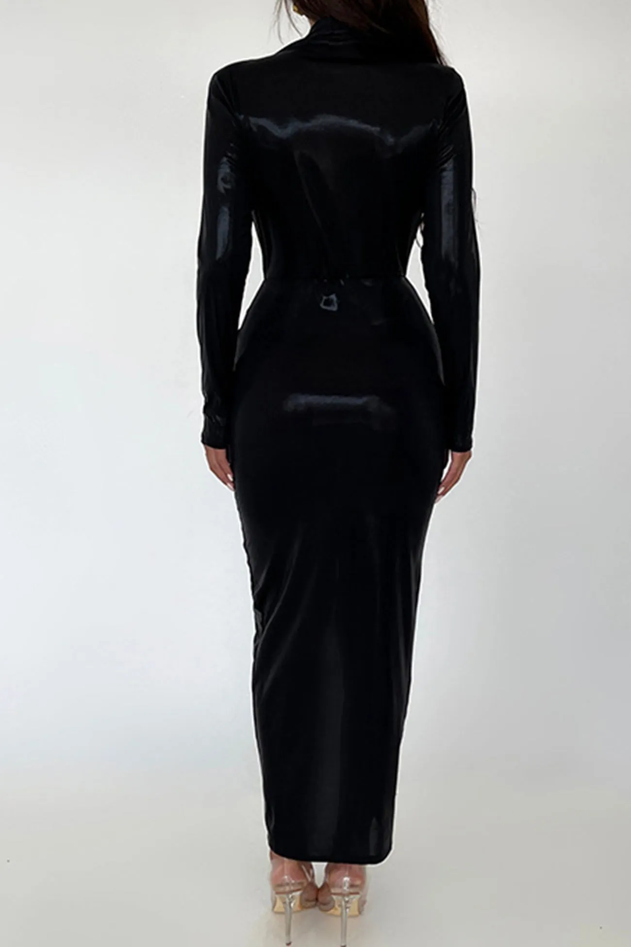 Glossy V Neck Ruched Slit Dress
