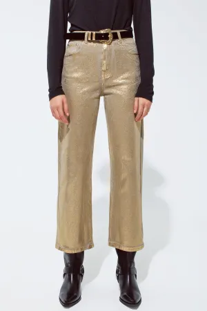 Gold straight leg jeans with metallic glow