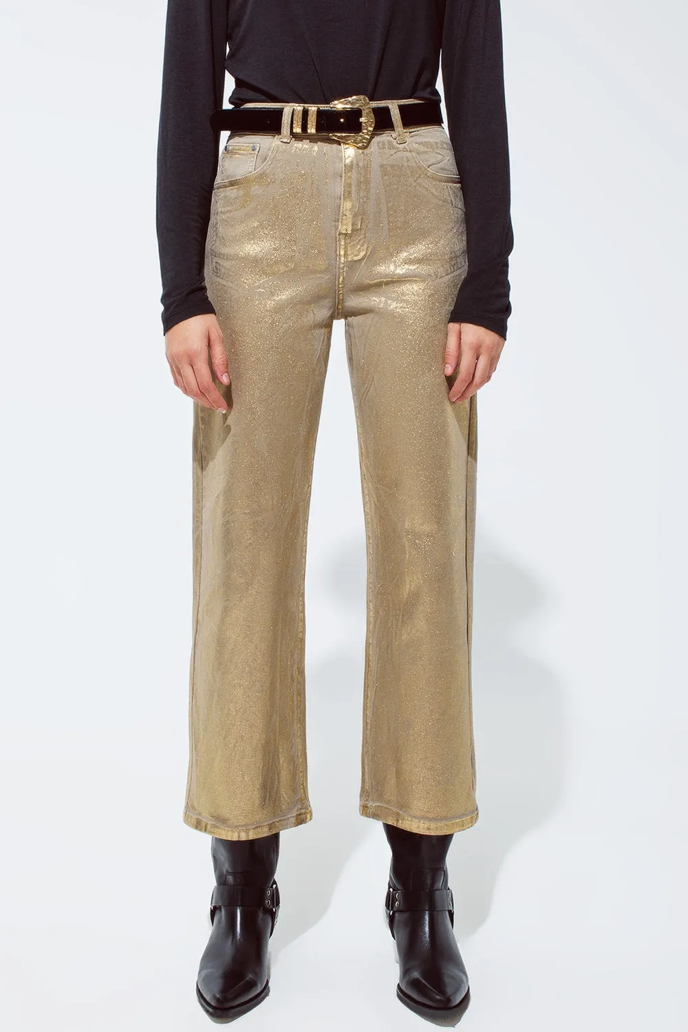 Gold straight leg jeans with metallic glow