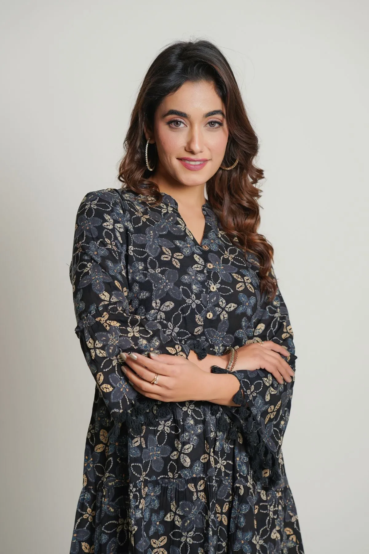 Gray Printed Cotton Midi Dress