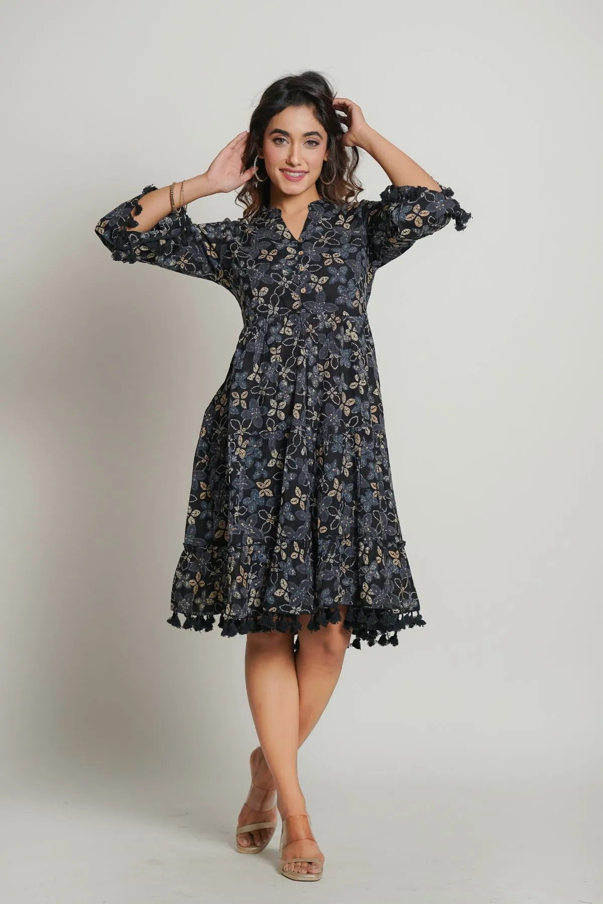 Gray Printed Cotton Midi Dress