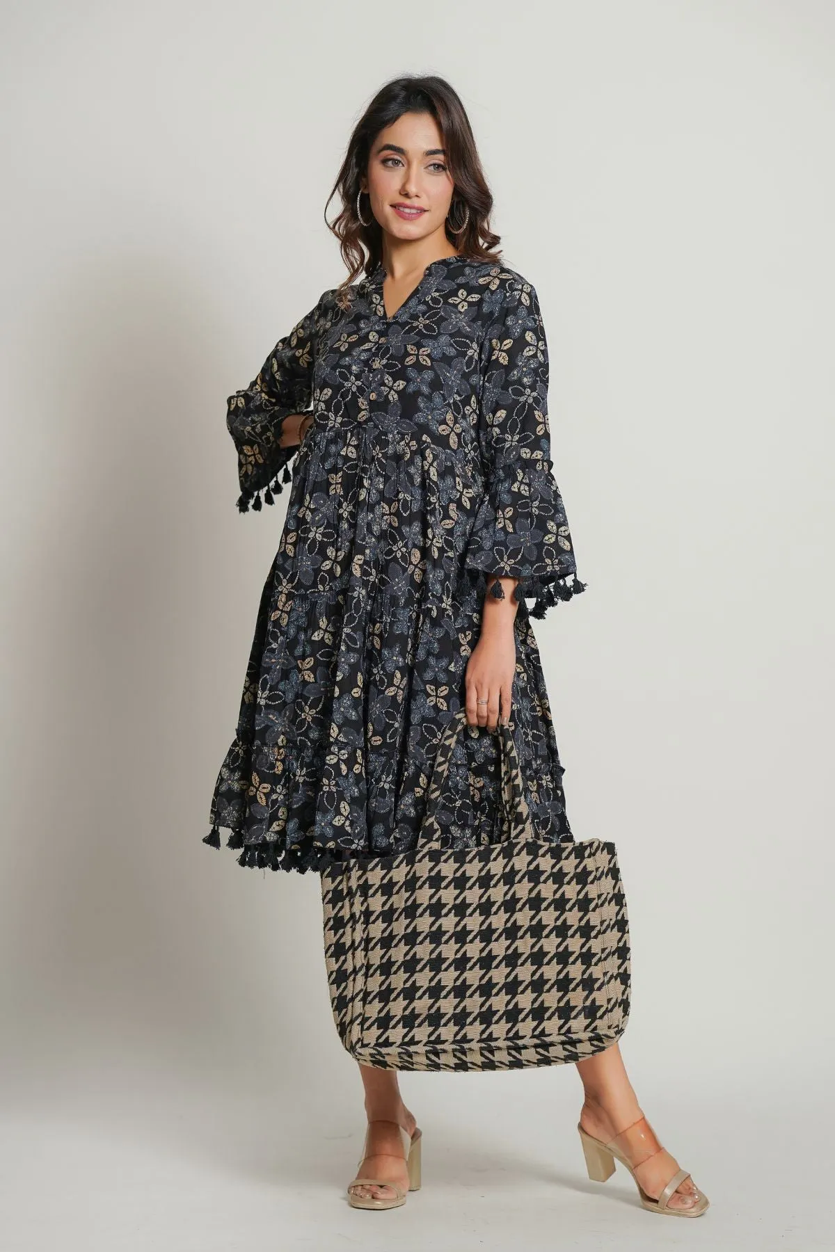Gray Printed Cotton Midi Dress