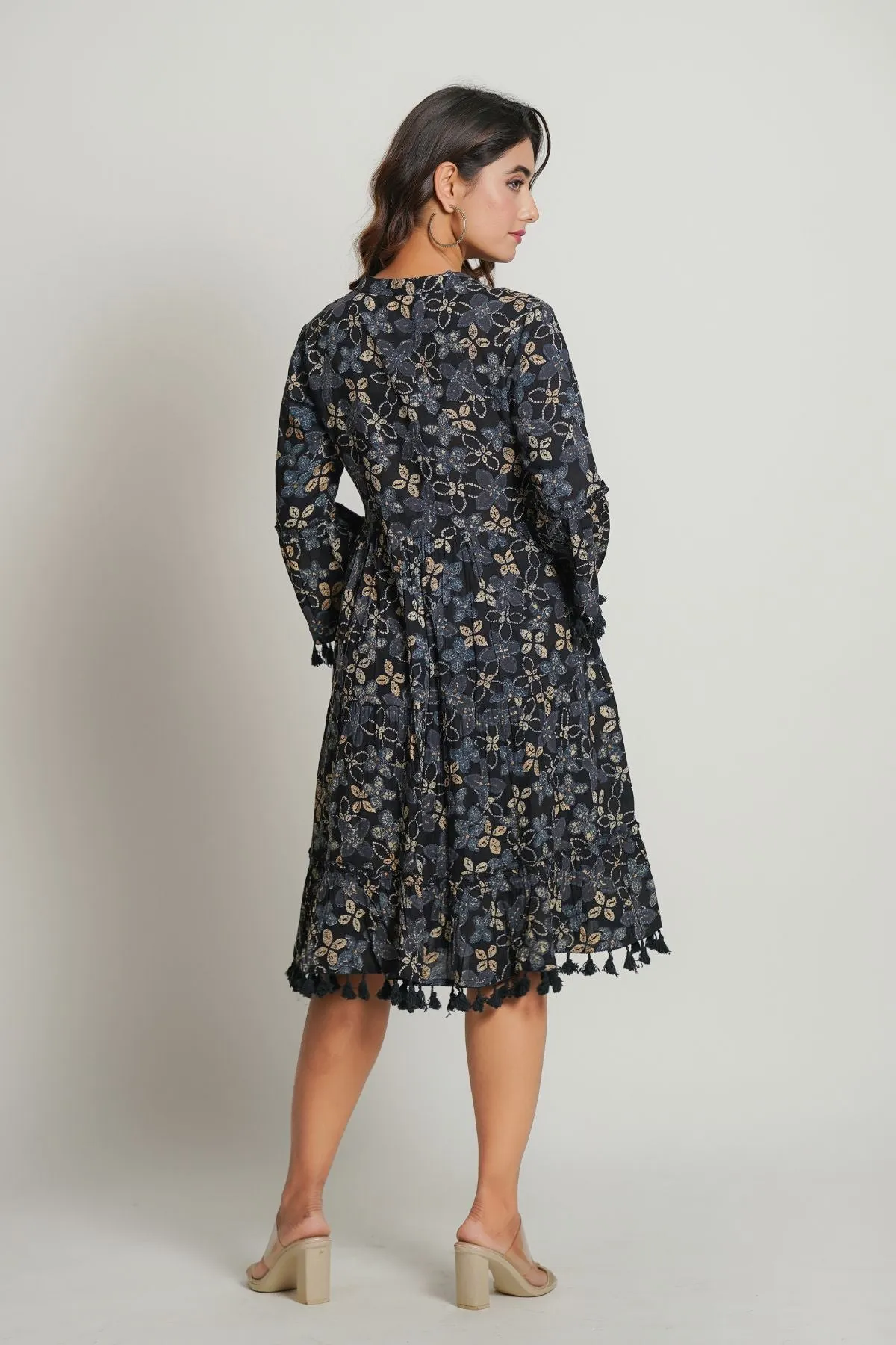 Gray Printed Cotton Midi Dress