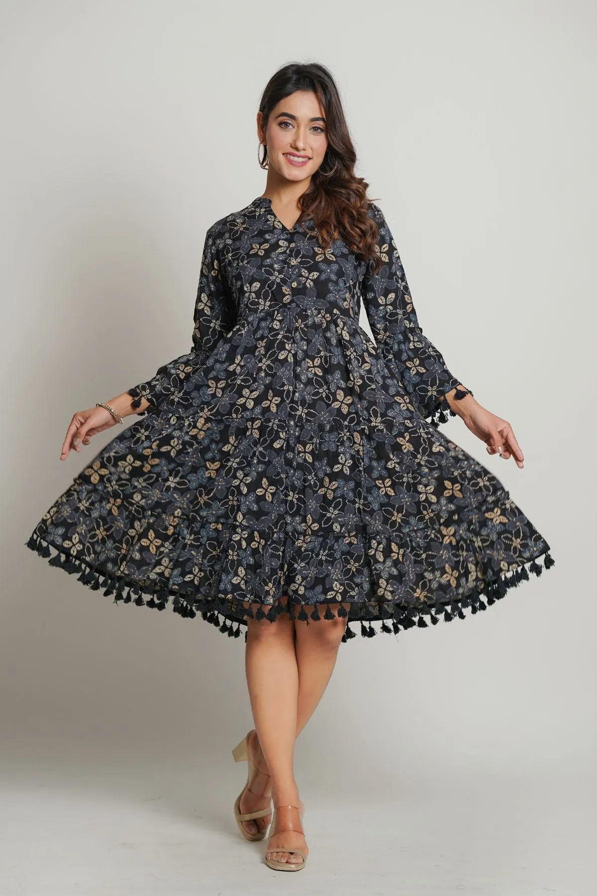 Gray Printed Cotton Midi Dress