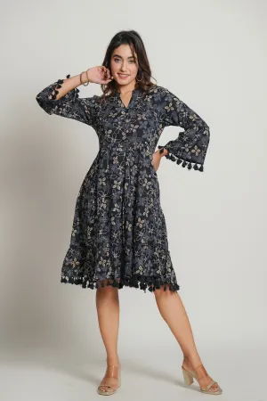 Gray Printed Cotton Midi Dress