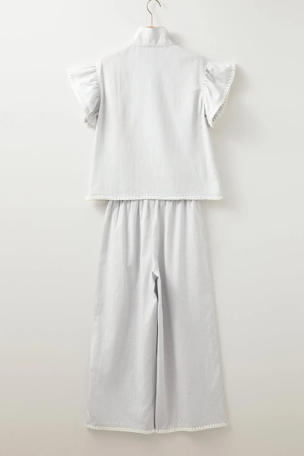 Gray Stripe Zipped up Collar Ruffled Sleeve Tee and Wide Leg Pants 2pcs Outfit
