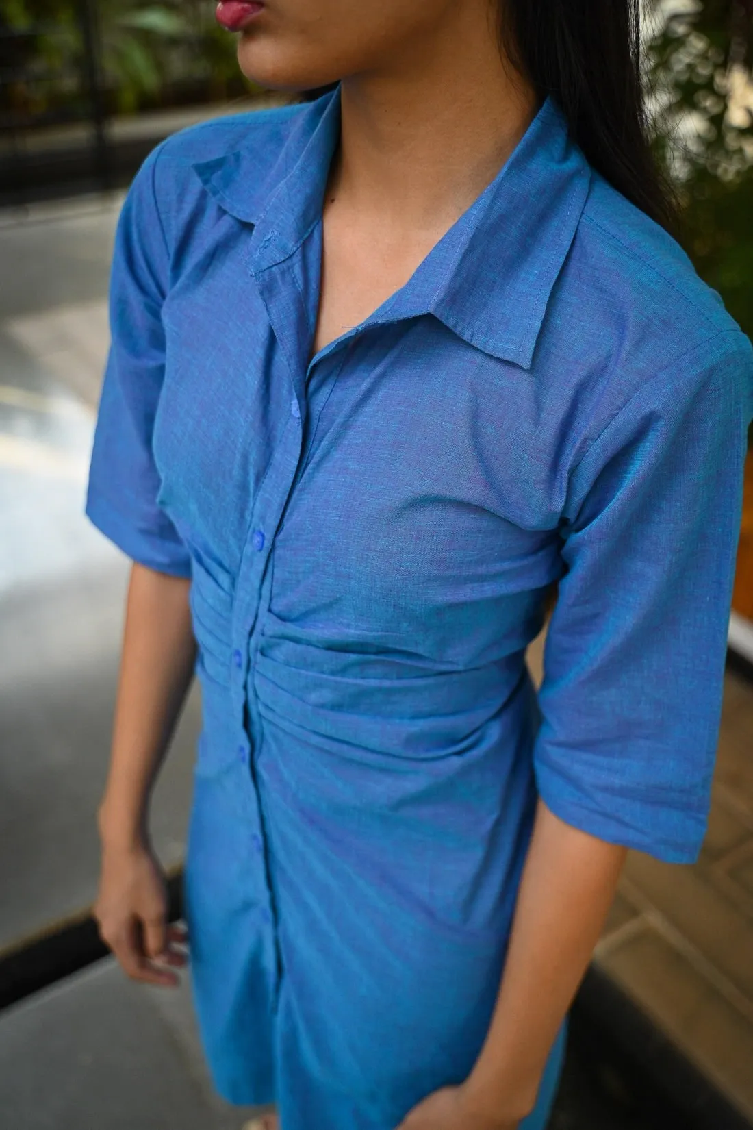 Handwoven Duotone Indigo Pink Ruched Dress