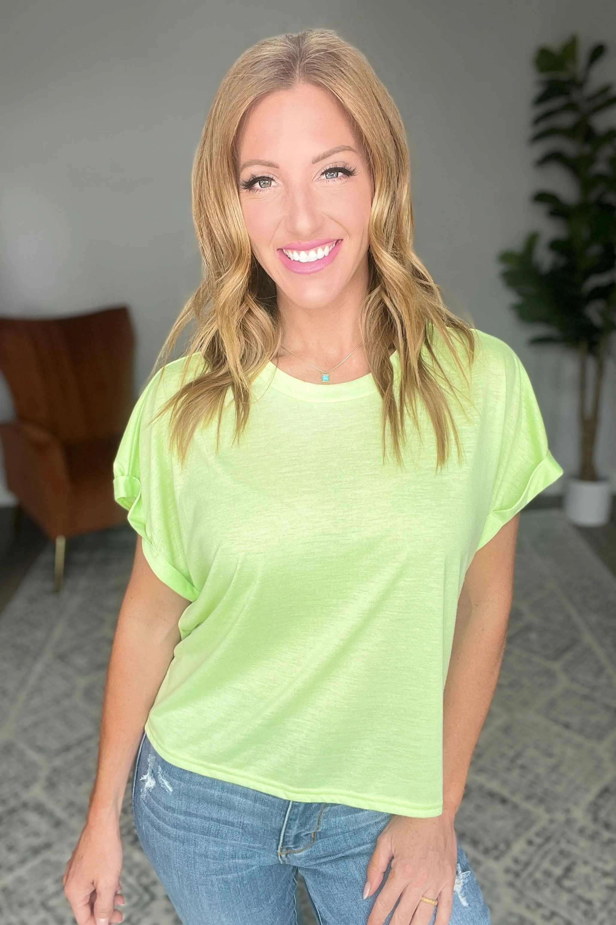 Hazel Blues® |  Round Neck Cuffed Sleeve Top in Lime